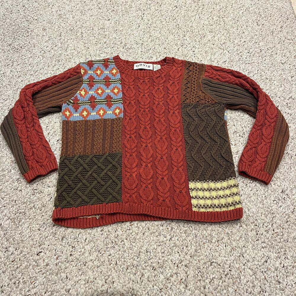 Orvis Vintage Patchwork Crewneck Sweater M Cable Knit Cottagecore Fall Classic
